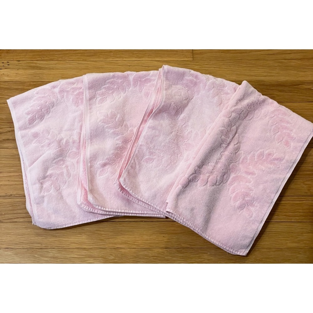 Vintage Cannon Pink‎ Fig Leaf 4 Hand Towel Set Sculpted Textured Cotton USA